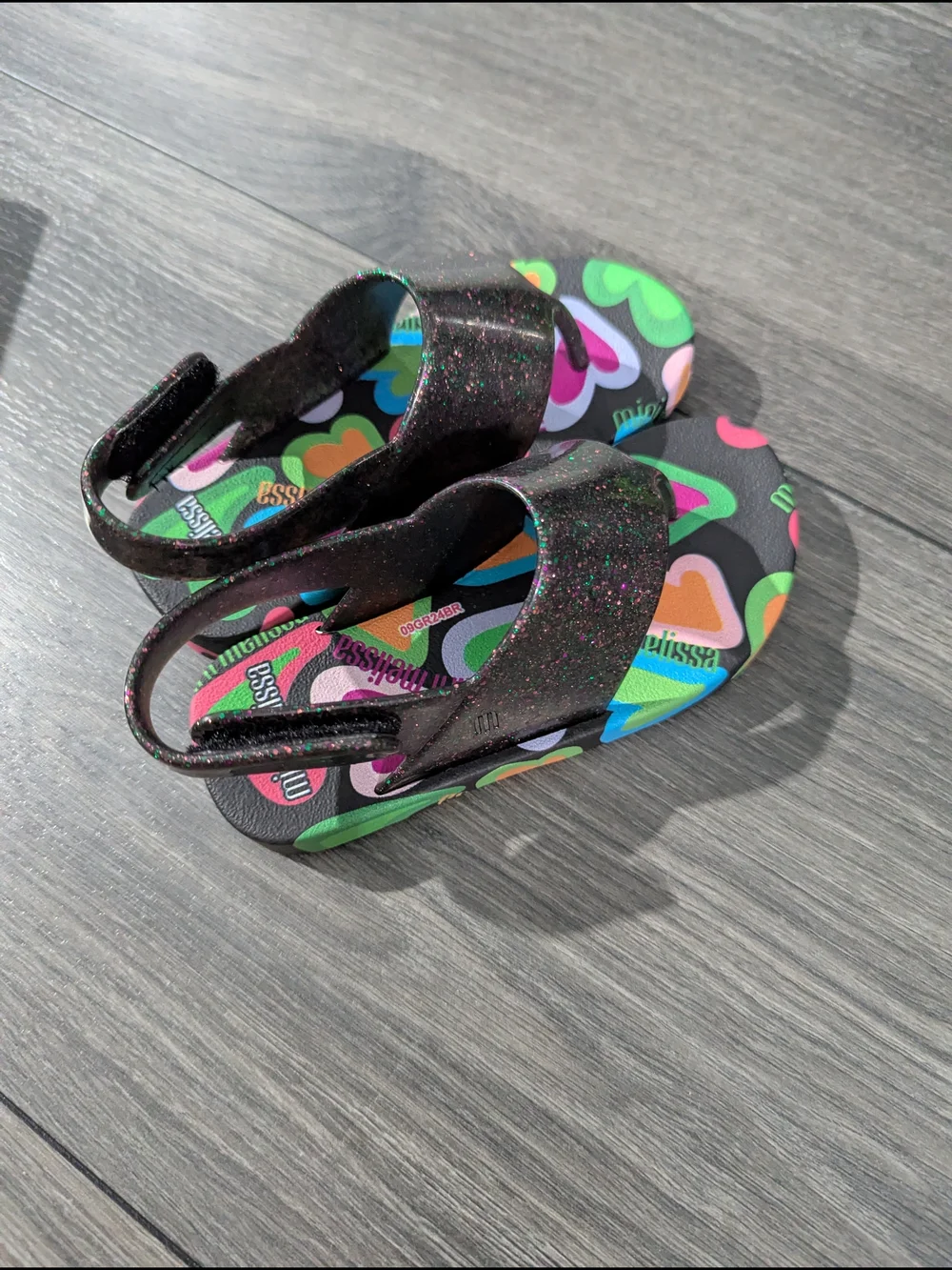 Mini Melissa Black Glitter Sandals with Colorful Heart Footbed